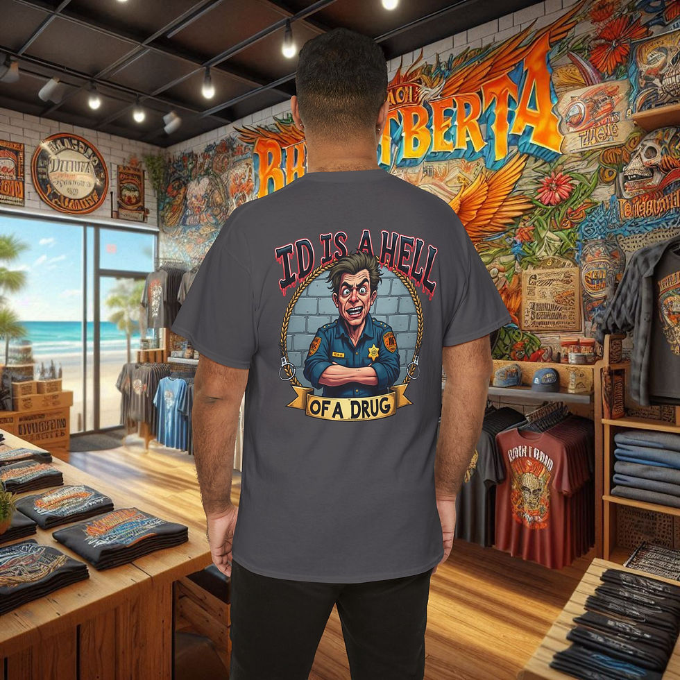 Thumbnail: Grey police accountability shirt with cartoon officer and "ID IS A HELL OF A DRUG"