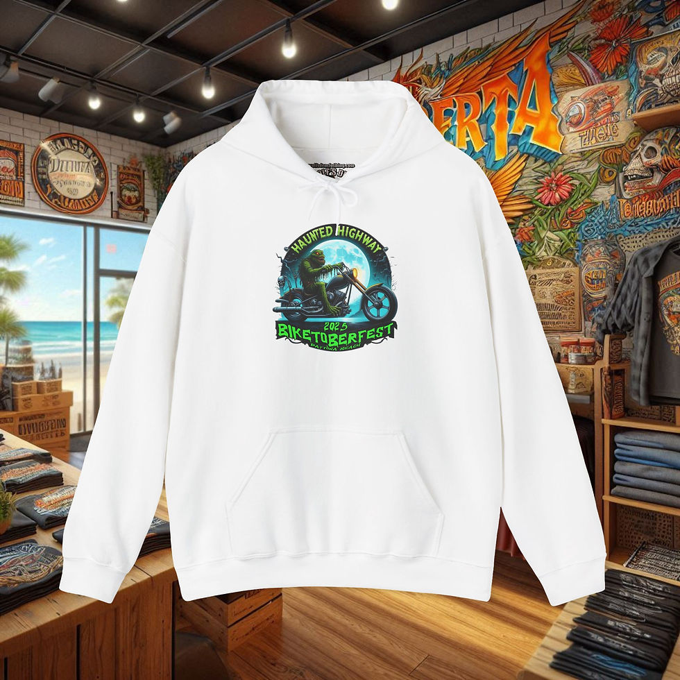 Thumbnail: White Men's Biker Comfort Hoodie with Biketoberfest 2025 Haunted Highway graphic