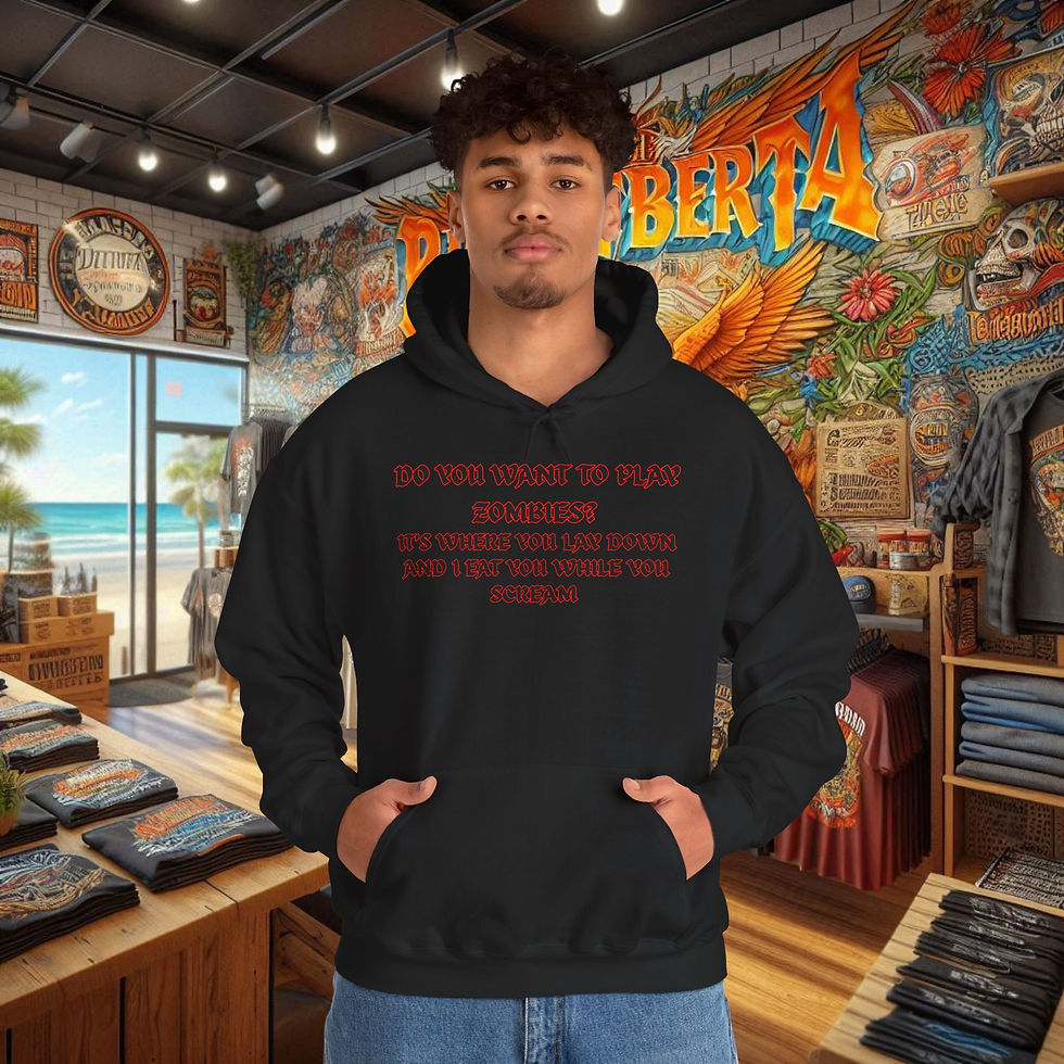 Man wearing Do You Want to Play Zombies, sweatshirt. Funny Adult Humor. Comfort Hoodie.