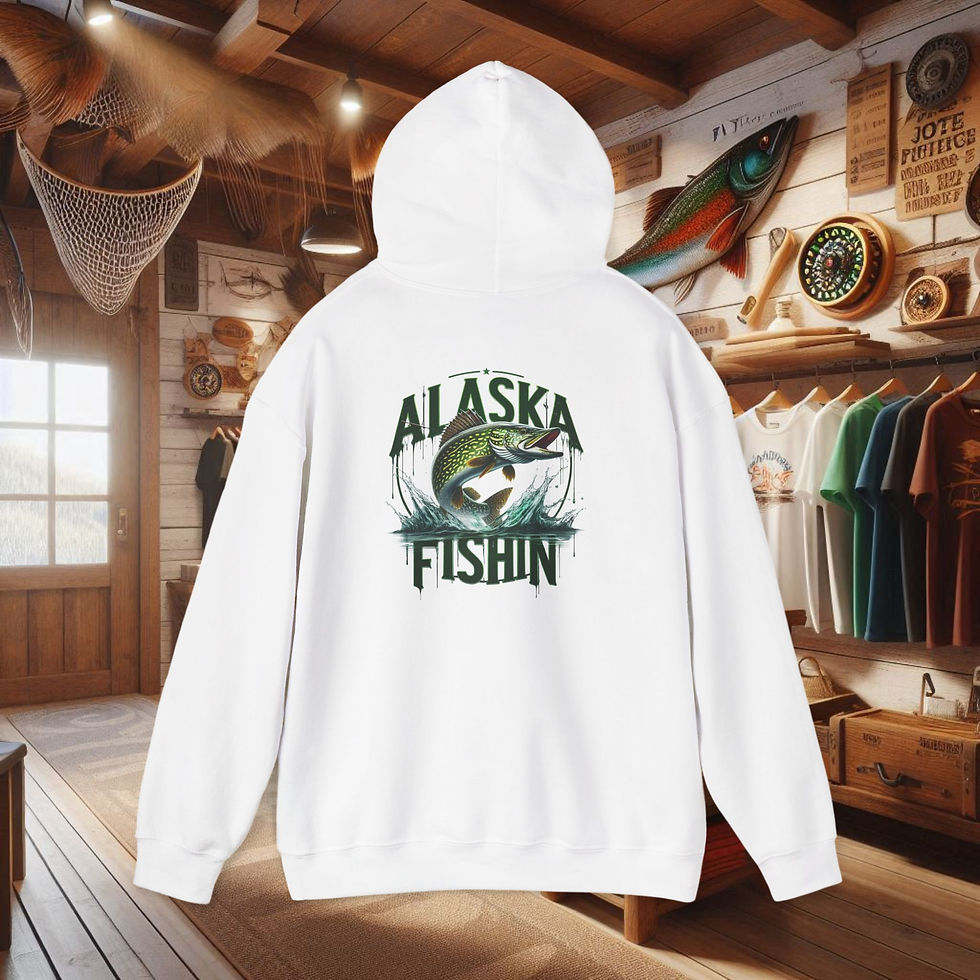 Thumbnail: White hoodie with Alaska Fishin' bass fishing graphic