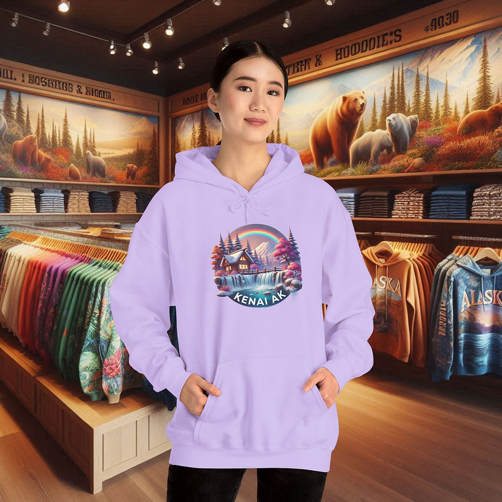 Thumbnail: Young woman wearing purple hoodie, Cabin Life in Kenai, Kenai Alaska. Comfort Hoodie Wolf's Den Clothing