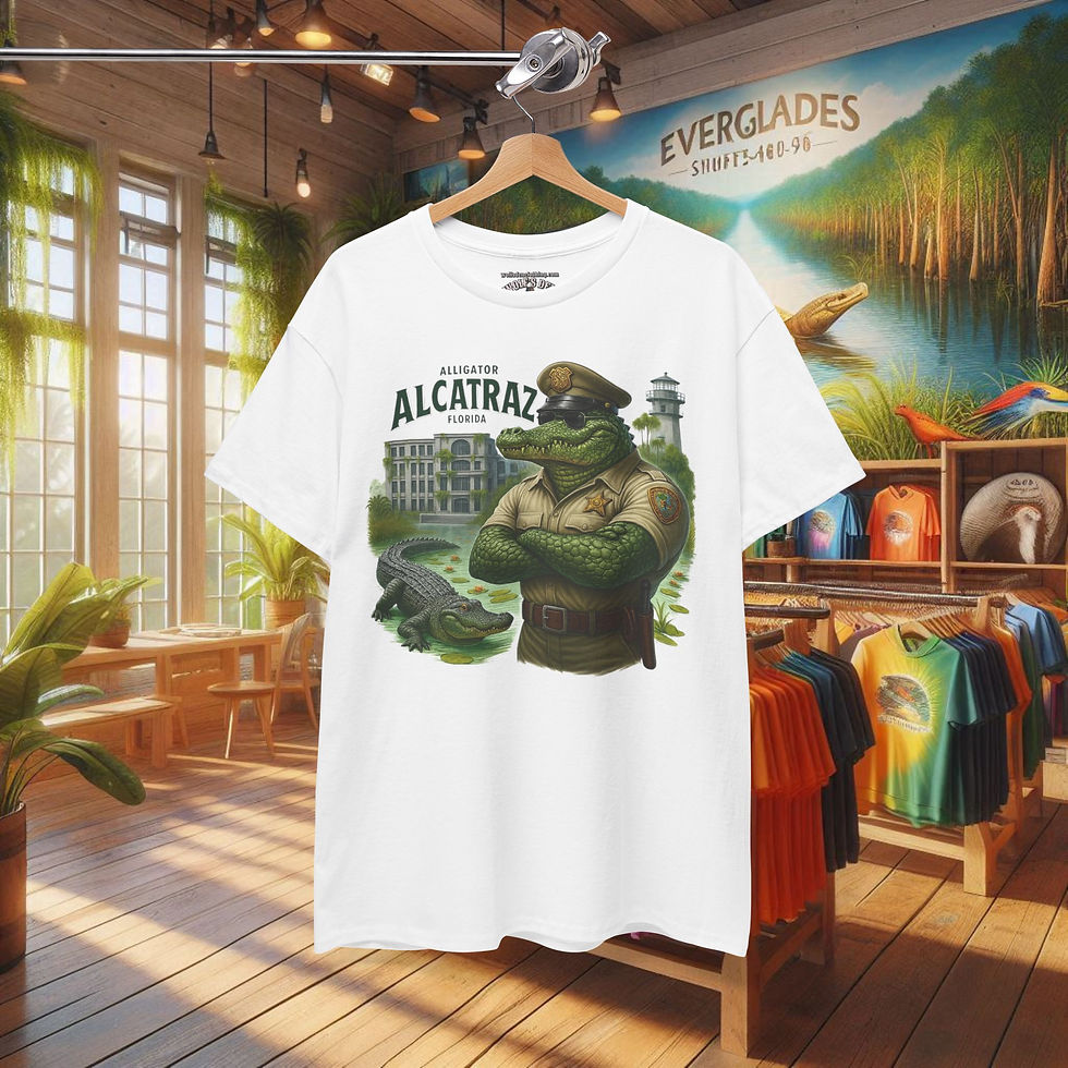 Thumbnail: White t-shirt with Alligator Alcatraz Guard design, Everglades backdrop, T-shirts for Men.