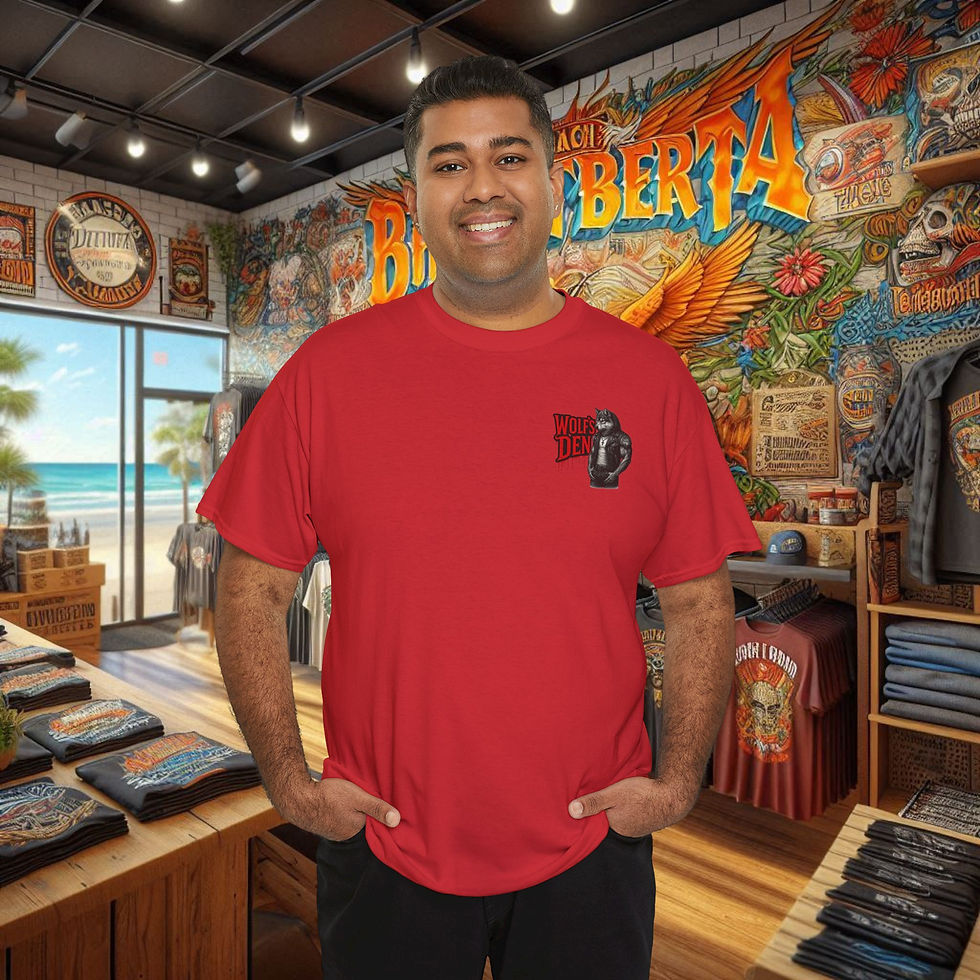 Thumbnail: Smiling man wears a red graphic biker t-shirt in a motorcycle apparel store