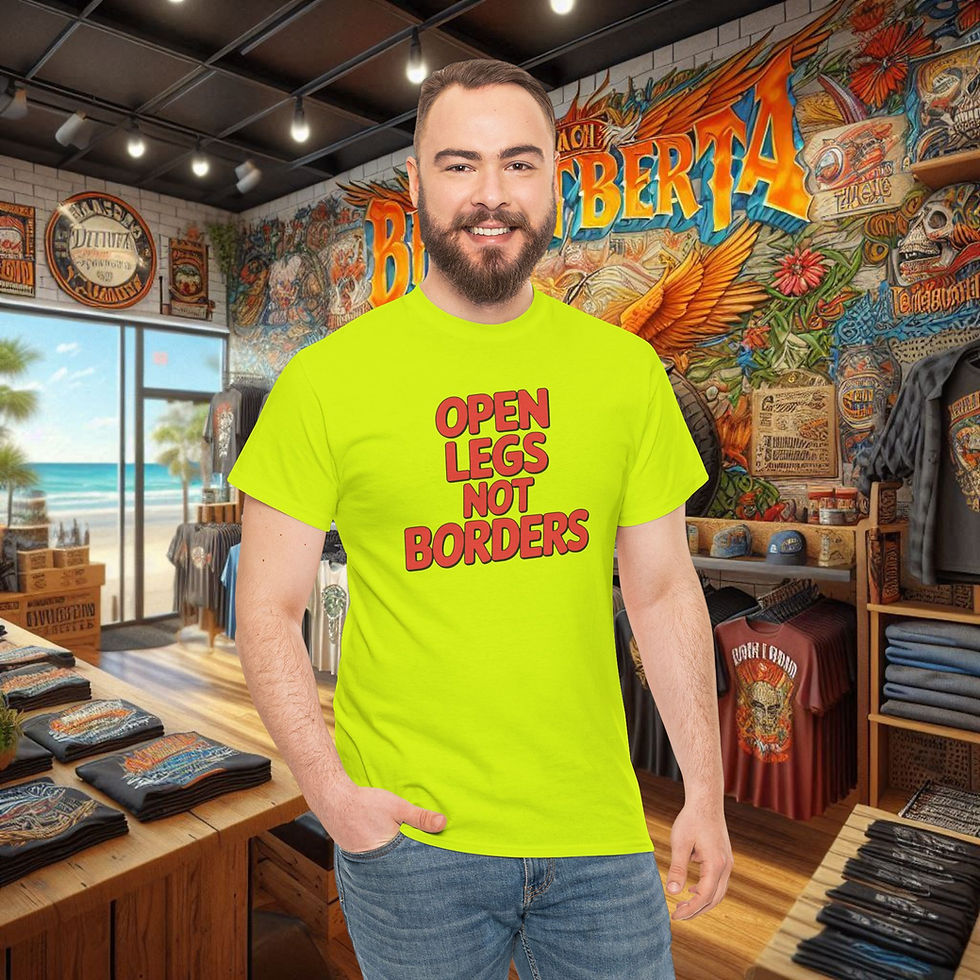 Thumbnail: Smiling man in 'Open Legs Not Borders' T-shirt