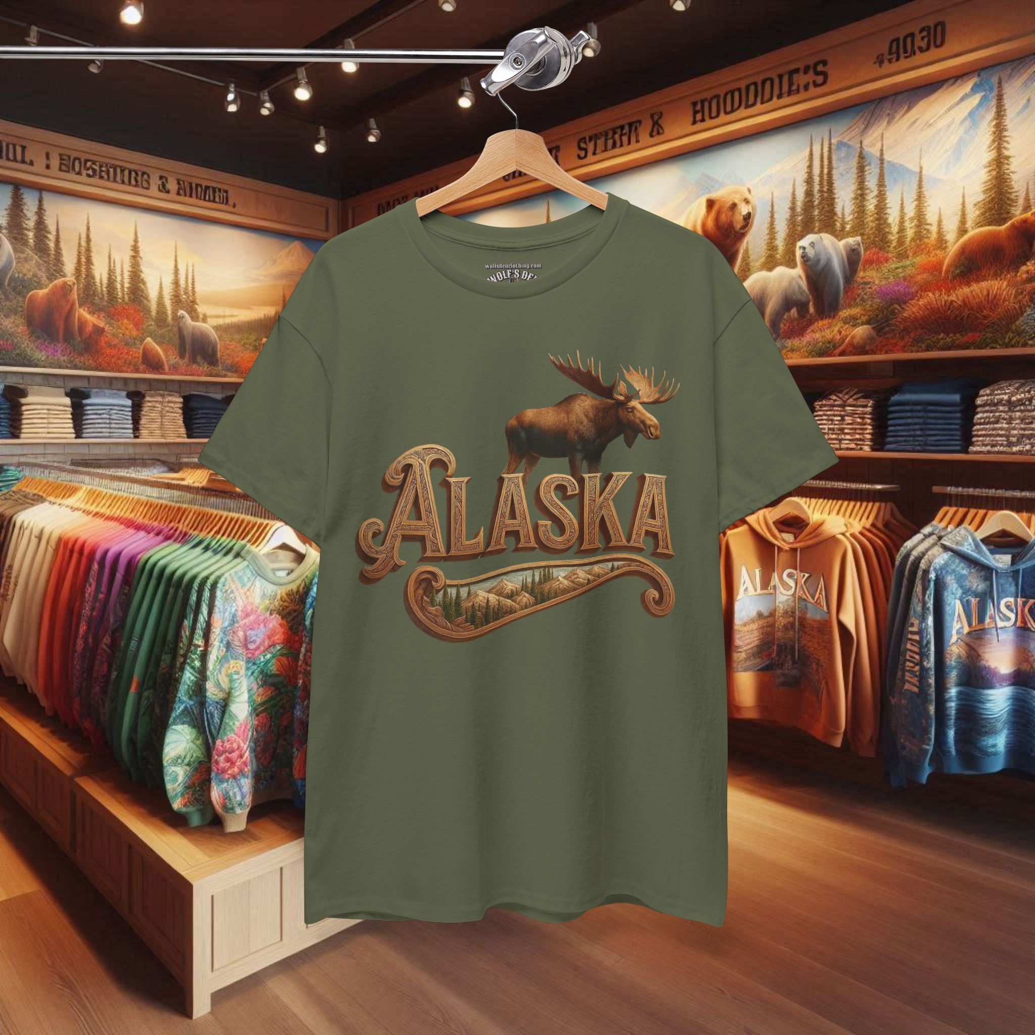 Green Alaska Moose T-shirt on display, Alaska Moose T-shirts for Men, Alaskan shirts, Moose tees.