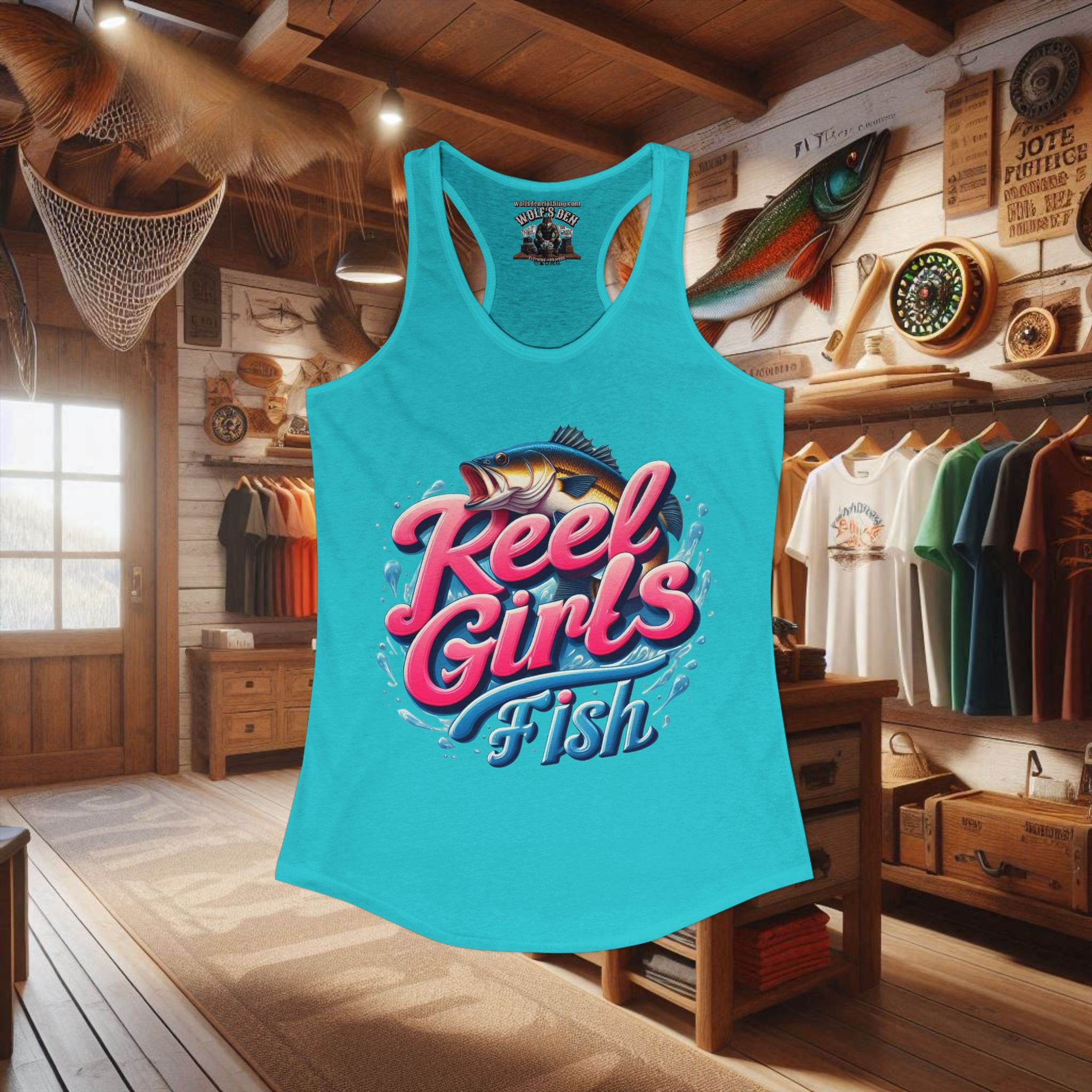 Turquoise women's Reel Girls Fish graphic tank top
