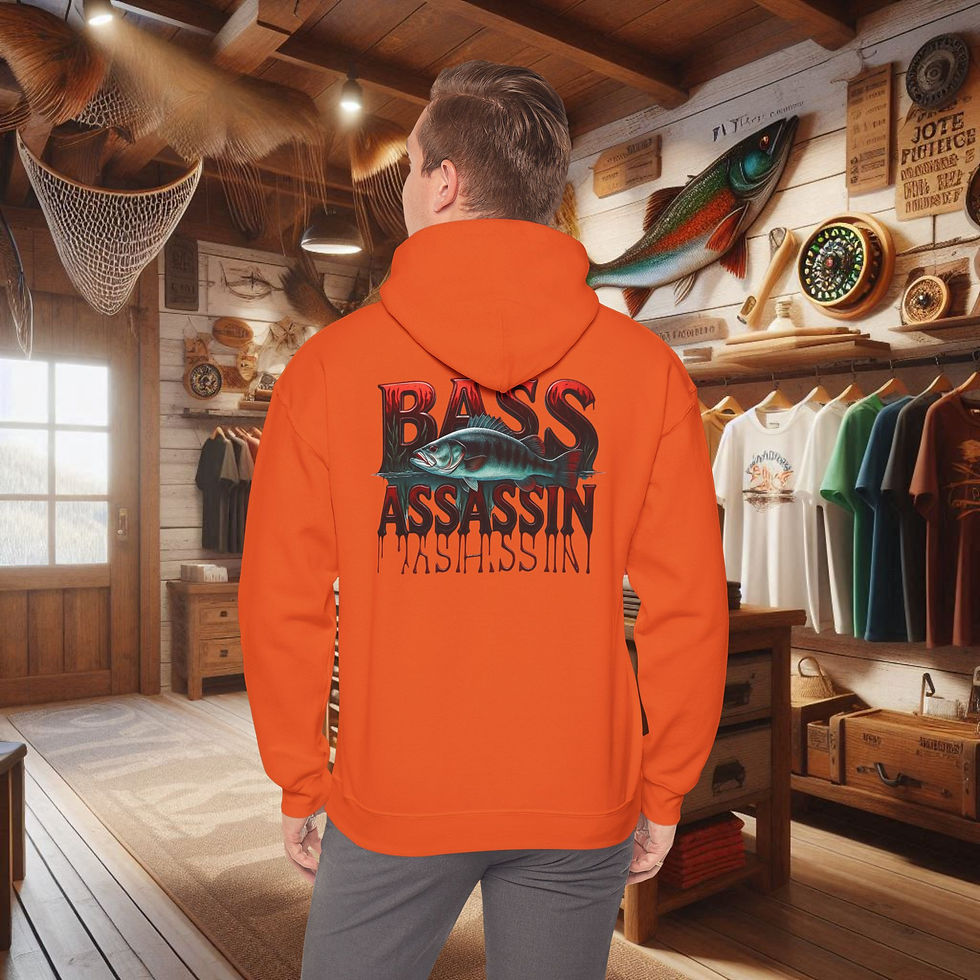 Thumbnail: Back of orange Bass Assassin hoodie with bass fish graphic