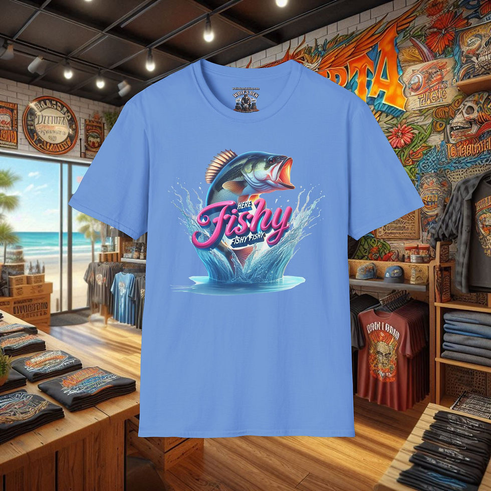 Thumbnail: Women's blue Bass fishing graphic tee with 'Fishy' and jumping fish