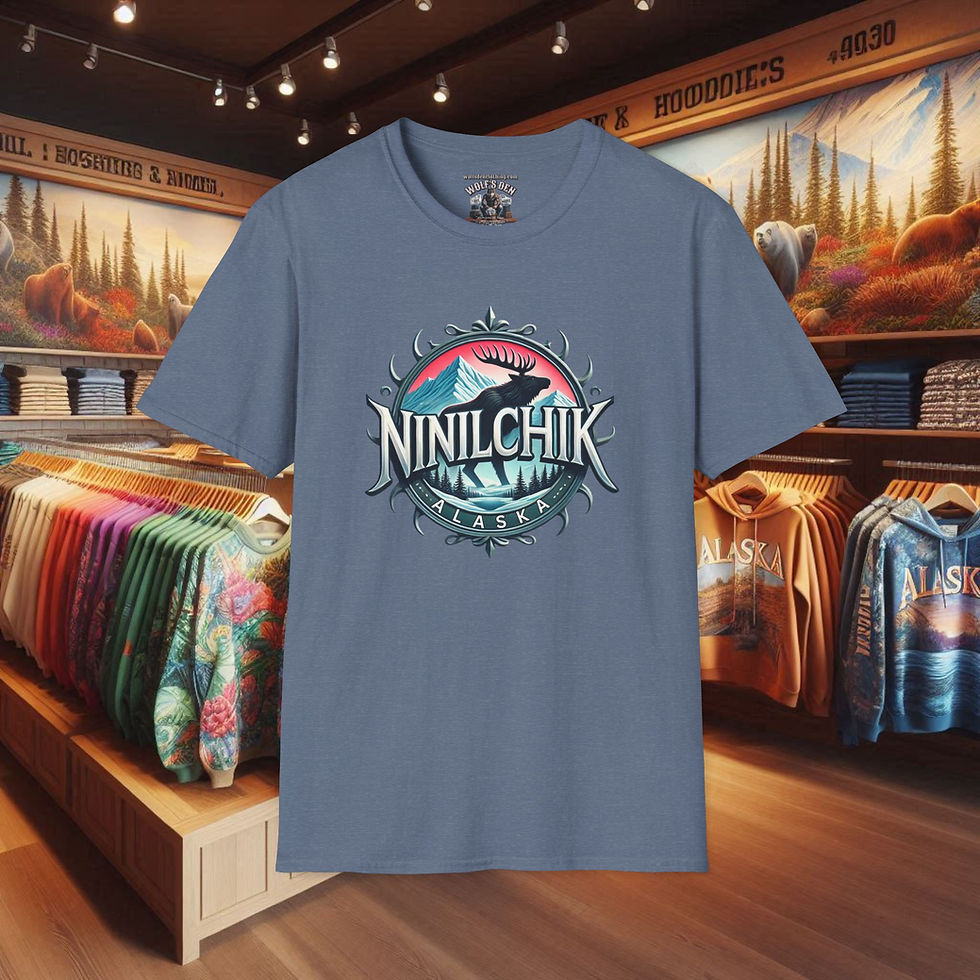 Thumbnail: Blue Ninilchik Alaska T-Shirt. Live Wild. Wear Ninilchik. Shirt in store setting.