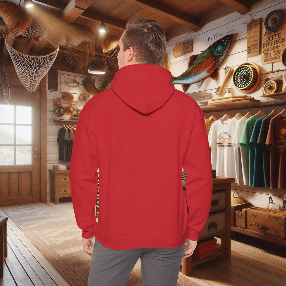 Thumbnail: Back view of red Alaska fishing hoodie in a shop