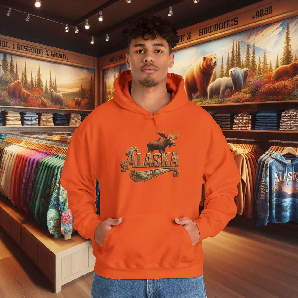 Thumbnail: Man in orange moose hoodie with ALASKA text
