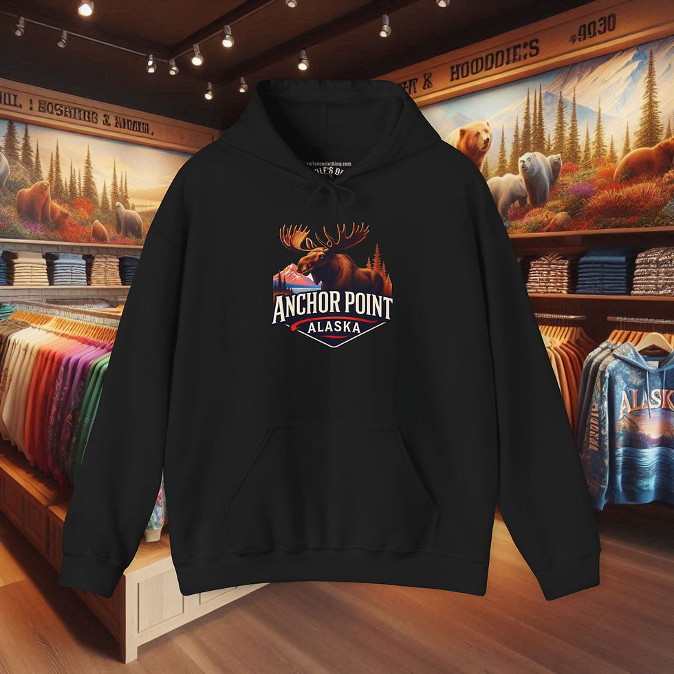 Thumbnail: Black hoodie with moose and Anchor Point Alaska logo