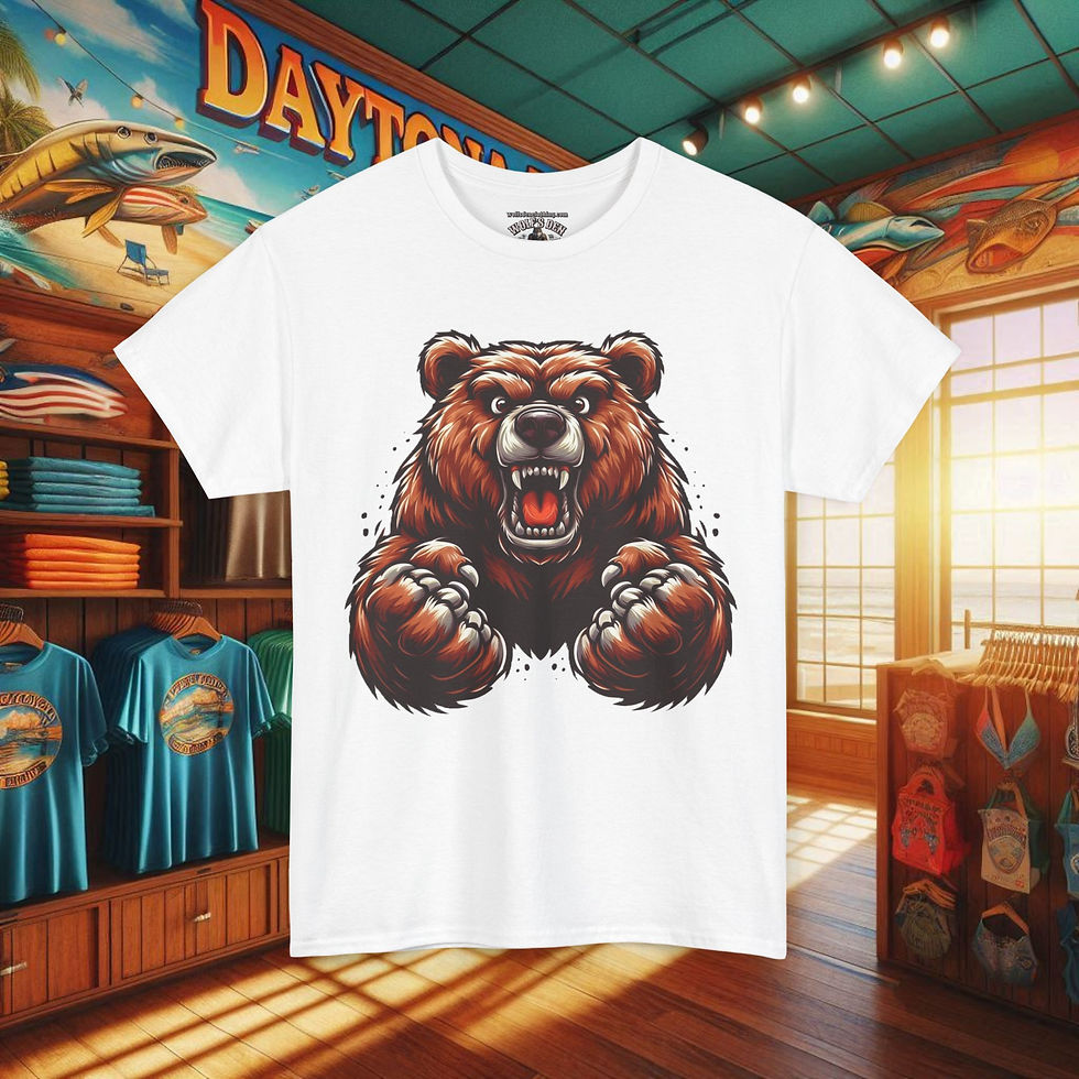 White t-shirt with brown bear graphic, Daytona background. Battle Bears Graphic Tees | Stand Out with Bold Designs