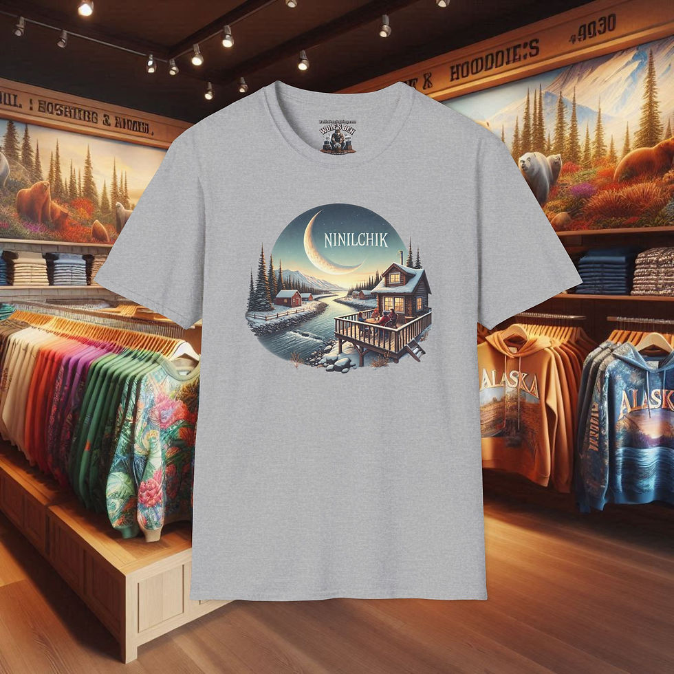 Thumbnail: Grey t-shirt with Ninilchik Alaska log cabin design under moon