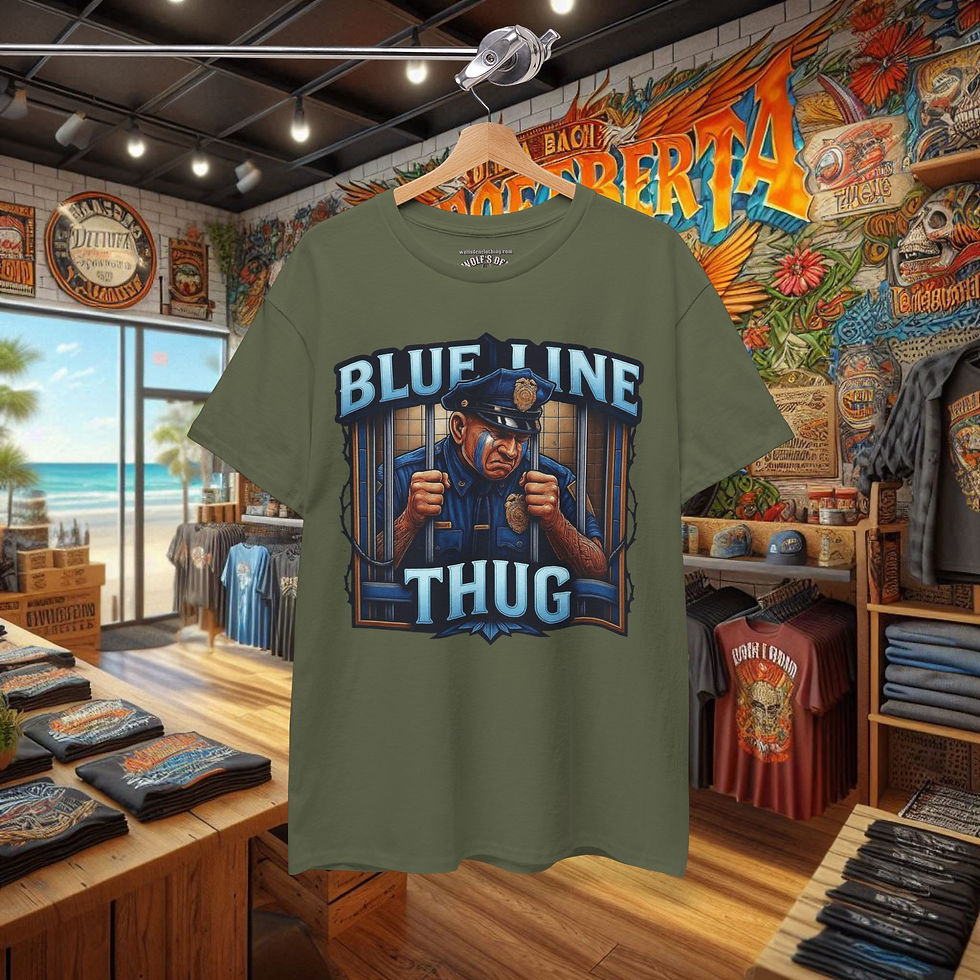 Thumbnail: Olive green 'Blue Line Thug' police accountability shirt
