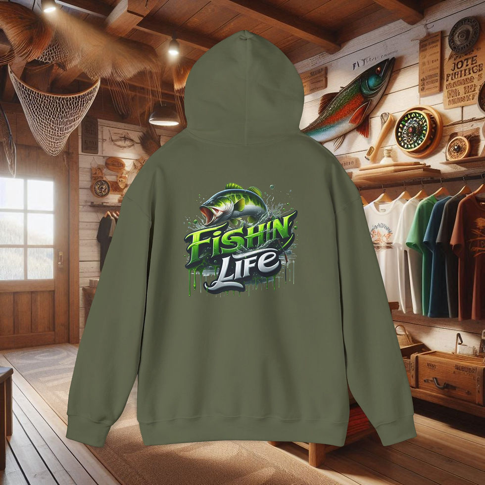 Thumbnail: Green bass fishing hoodie with Fishin Life graphic
