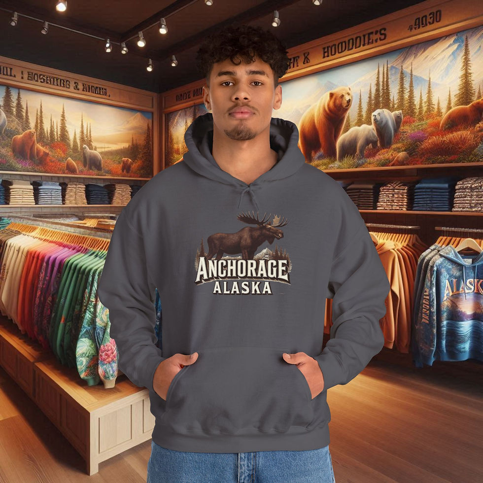 Thumbnail: Man wearing Anchorage Alaska Moose Hoodie for Men, pullover, hooded, sweatshirt, comfort, in store.