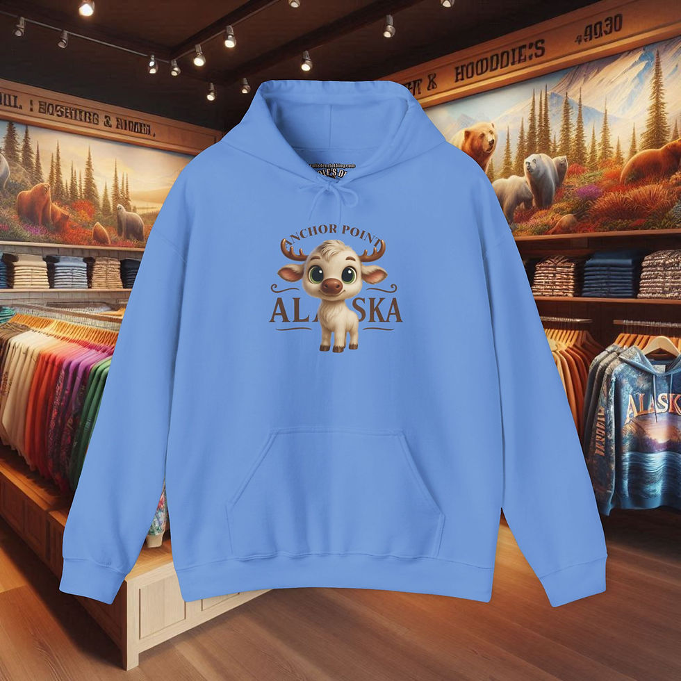 Thumbnail: Light blue Alaska hoodie with baby moose graphic