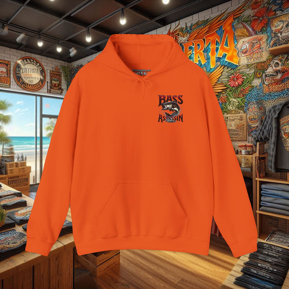 Thumbnail: Orange Bass Assassin hoodie with fish logo