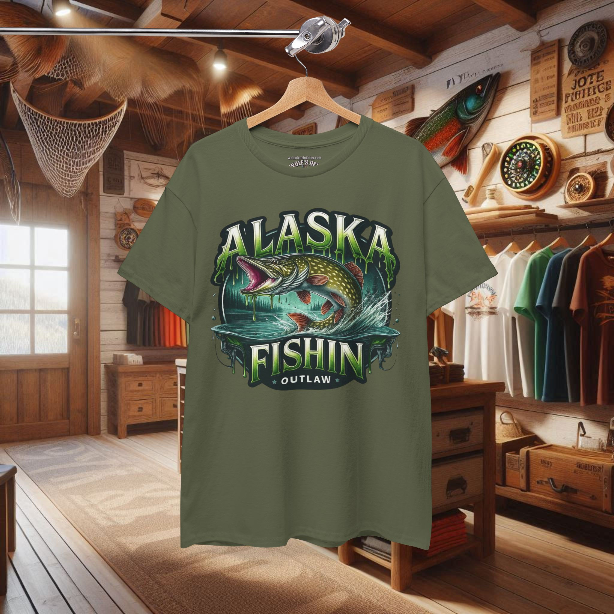 Alaska Fishin' Outlaw graphic t-shirt with leaping fish