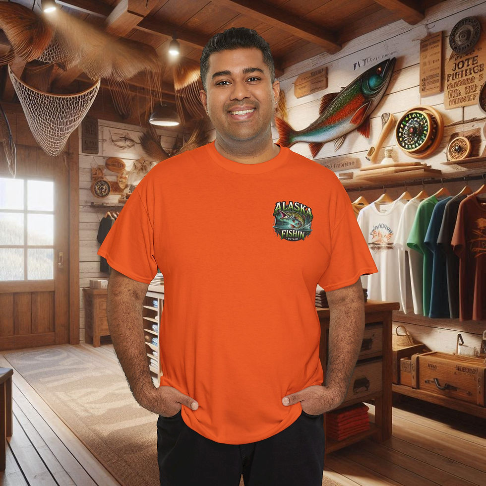 Thumbnail: Man in orange Alaska fishing graphic t-shirt