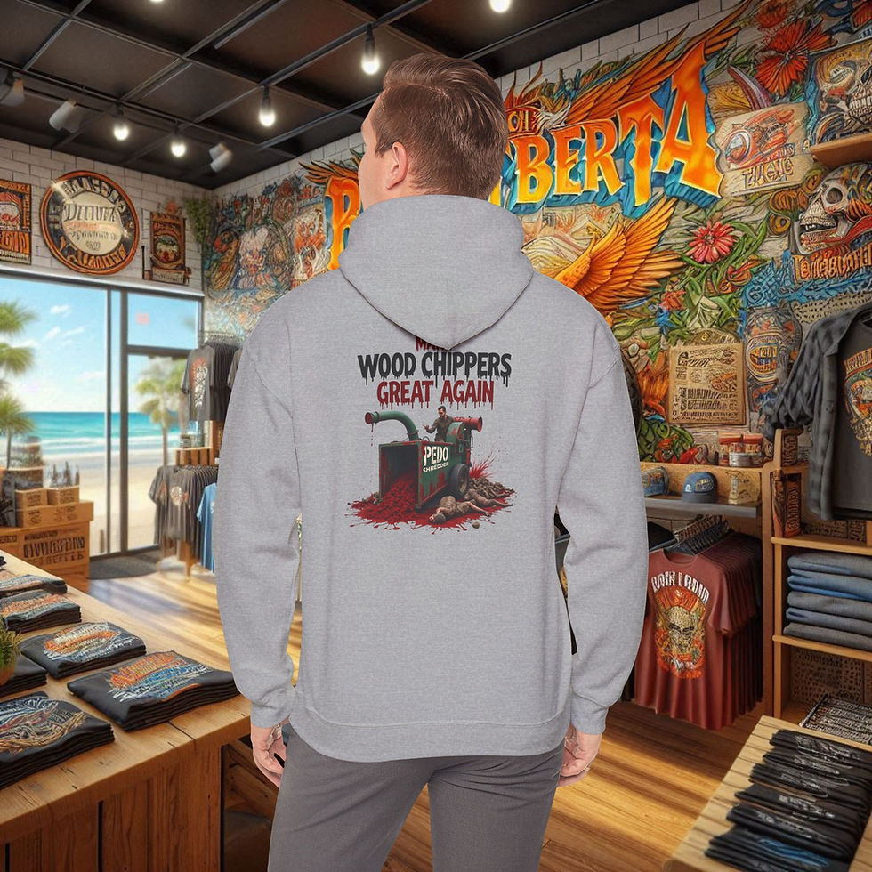 Thumbnail: Grey hoodie with 'WOOD CHIPPERS GREAT AGAIN' and wood chipper design