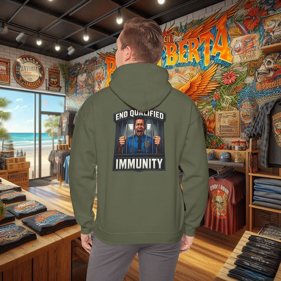 Green hoodie back with 'End Qualified Immunity' graphic, man behind bars