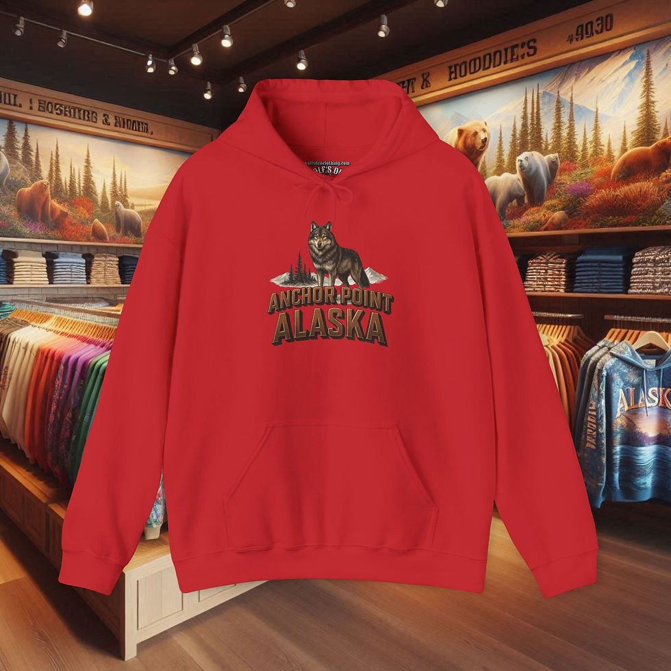 Thumbnail: Red hoodie with wolf pup and Anchor Point Alaska text