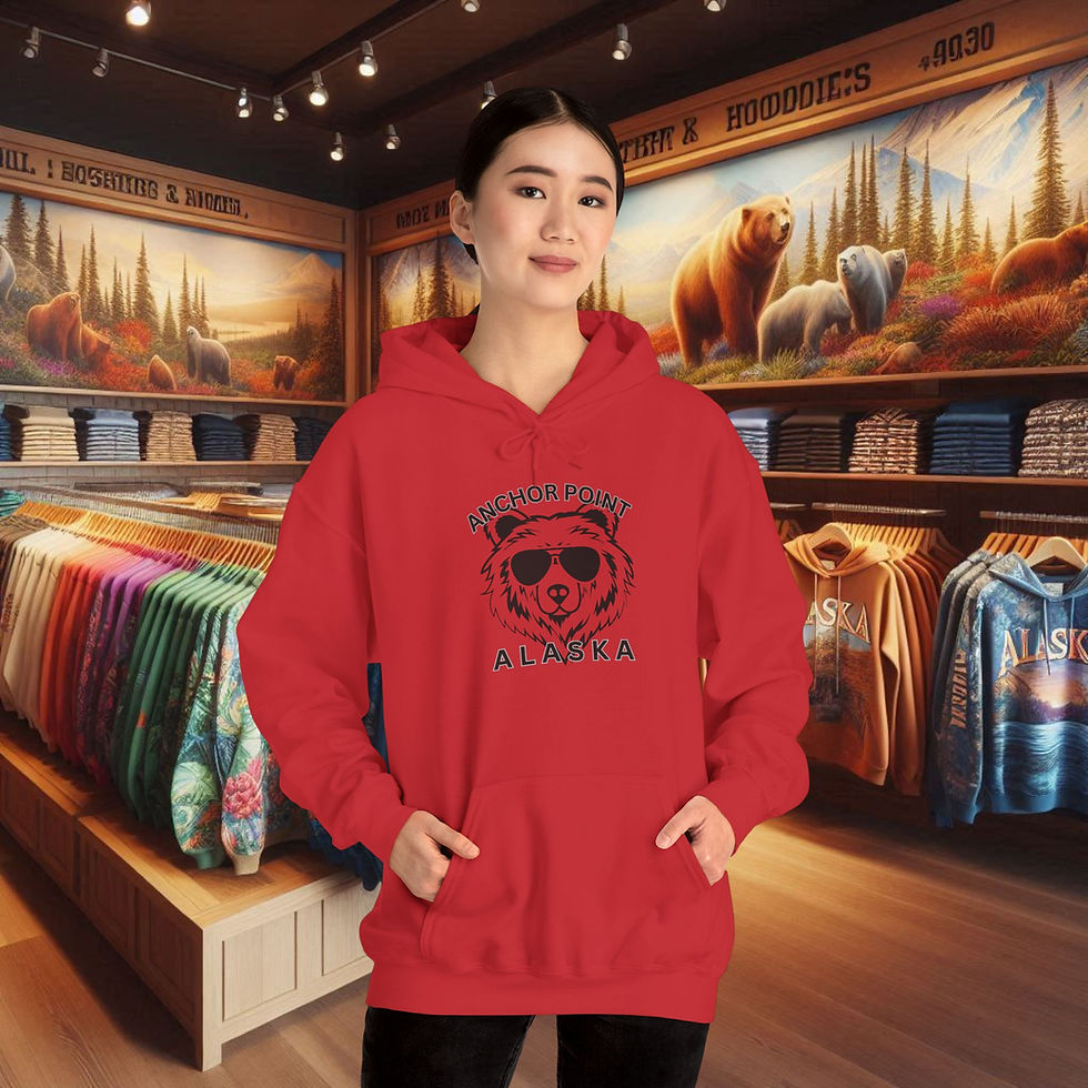 Thumbnail: Woman in red hoodie with bear wearing sunglasses; Anchor Point, Alaska Apparel Coastal-Inspired Comfort Hoodie.
