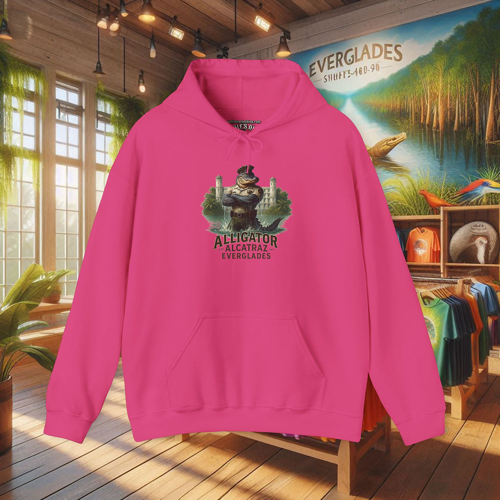 Thumbnail: Pink Alligator Alcatraz Guard Everglades Hoodies, Women, pullover sweatshirt in a store setting.
