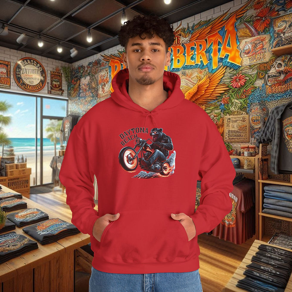 Thumbnail: Man in red men's biker hoodie with motorcycle graphic