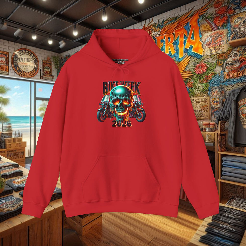 Thumbnail: Red men's hoodie, Bike Week 2026 outlaw skull graphic