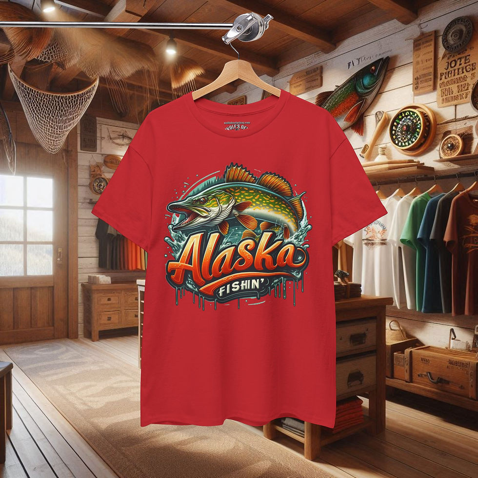 Thumbnail: Red graphic tee with jumping Northern Pike, 'Alaska FISHIN''