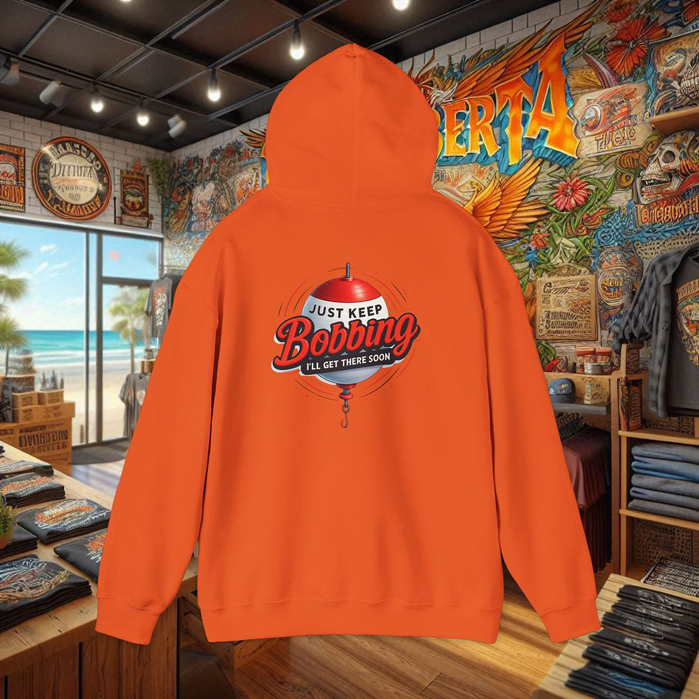 Thumbnail: Orange hoodie back, 'Just Keep Bobbing, I'm just here to fish' graphic