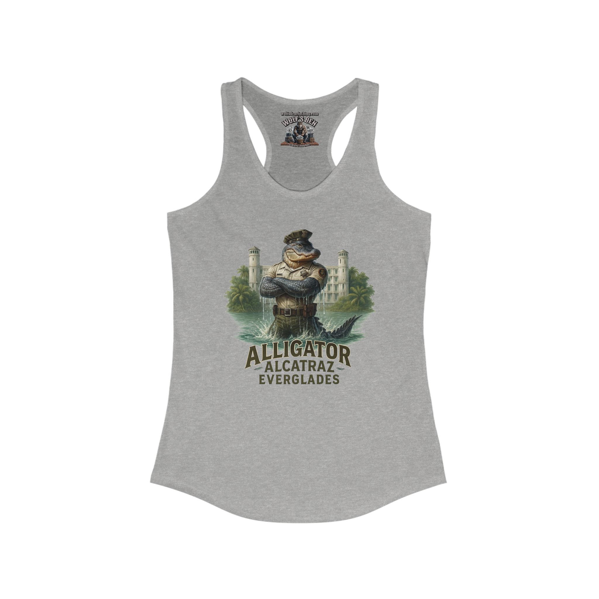 Grey slim fit tank top with Alligator Alcatraz Guard Everglades text Wolf's Den Clothing