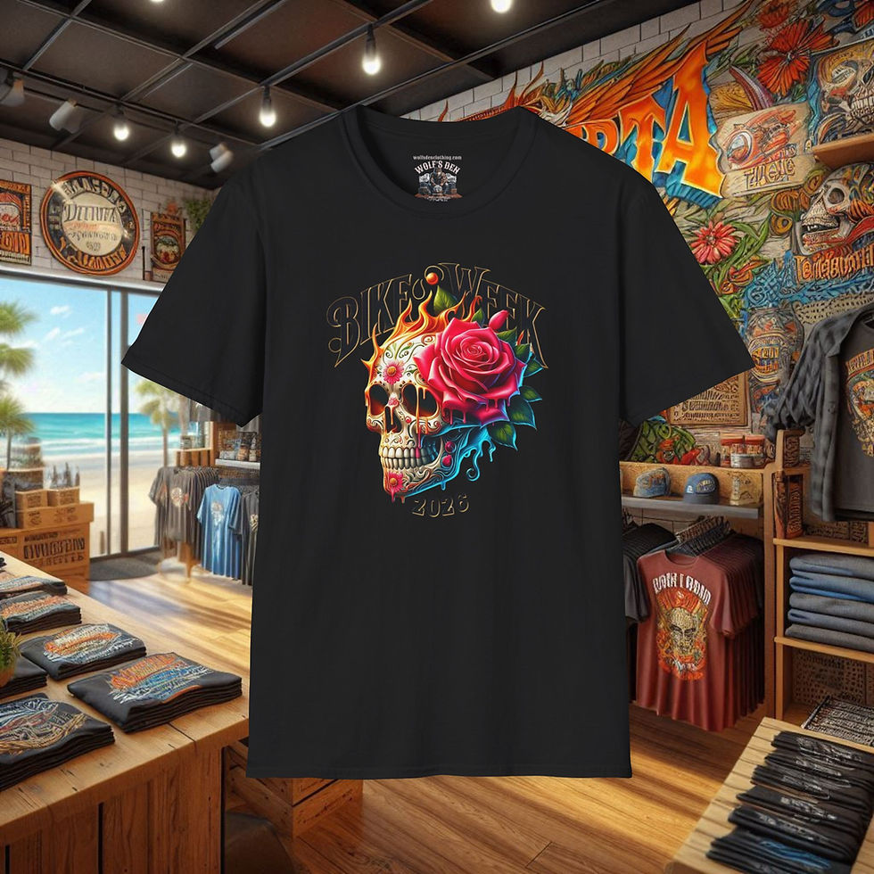 Thumbnail: Black biker t-shirt with skull, flames, and rose outlaw graphic