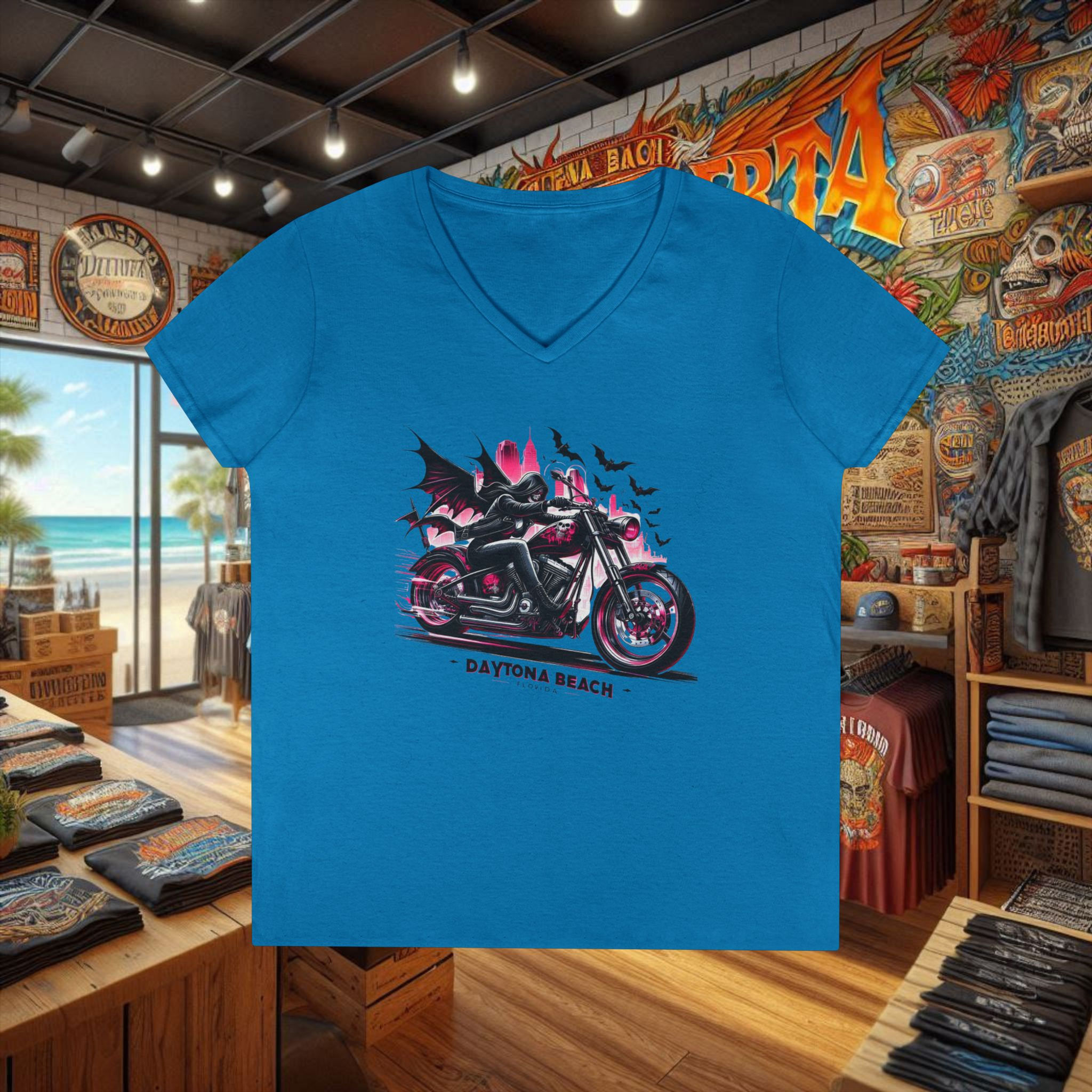 Blue v-neck t-shirt with pink motorcycle & bats, text Daytona Beach