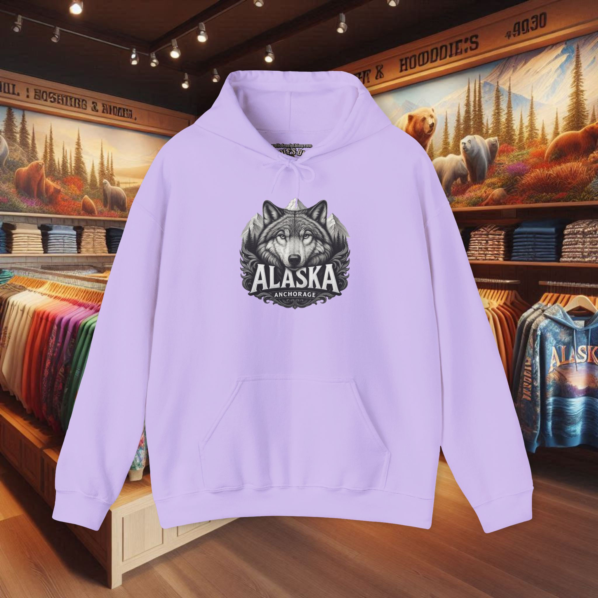 Purple wolf pullover hoodie with ALASKA text