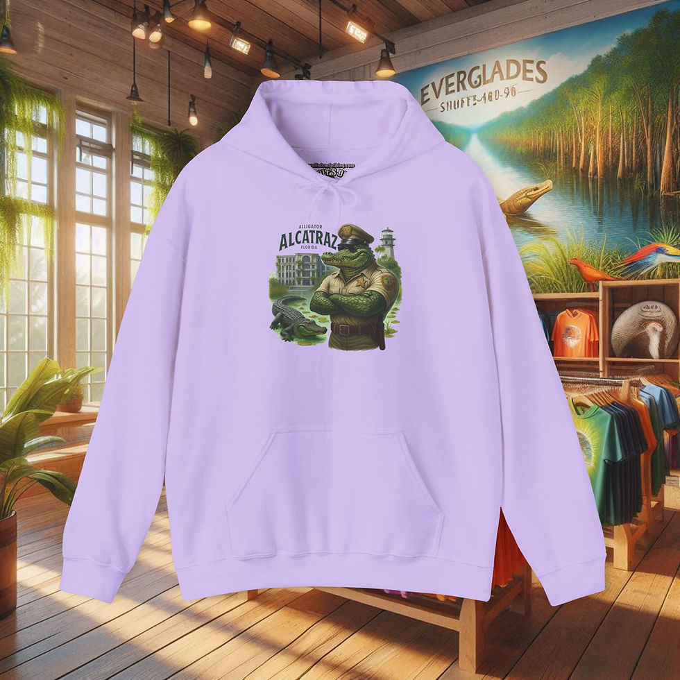 Lavender hoodie Everglades Alcatraz Guard, Women, pullover sweatshirt inside a shop setting.