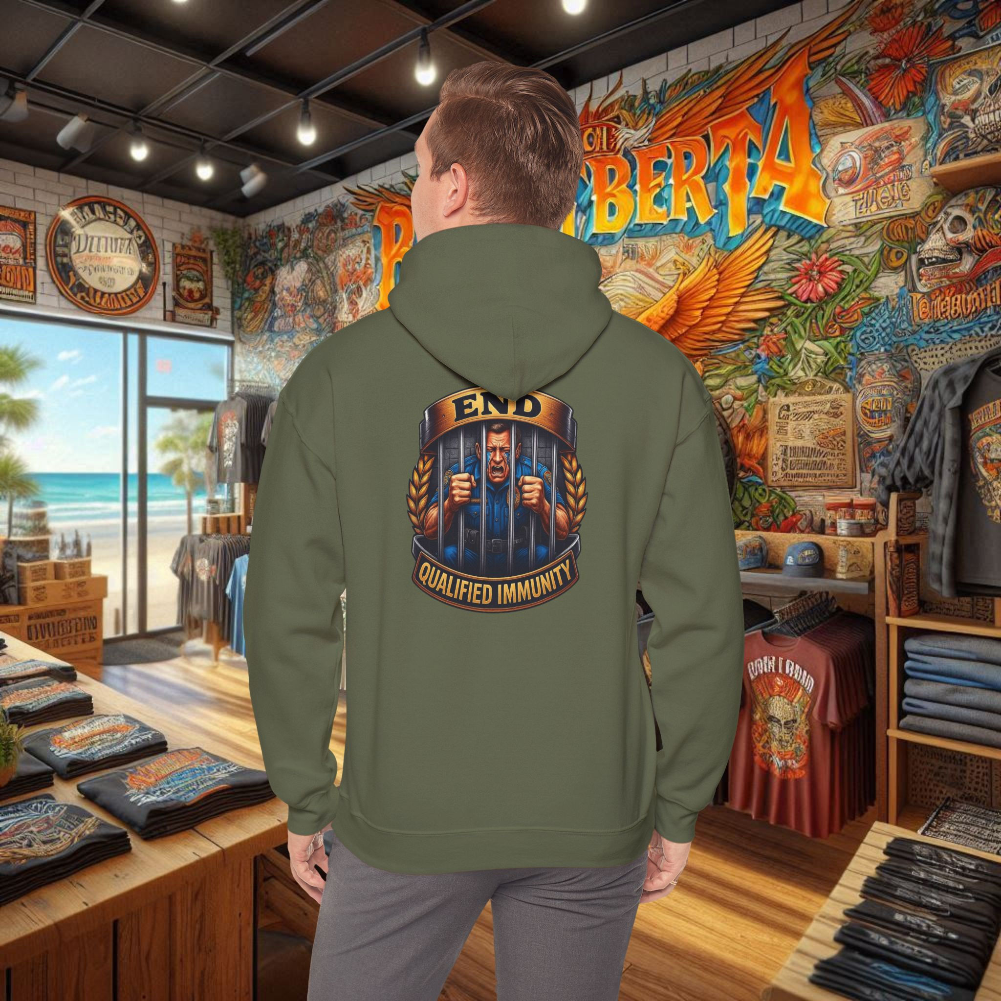End Qualified Immunity hoodie back with emblem