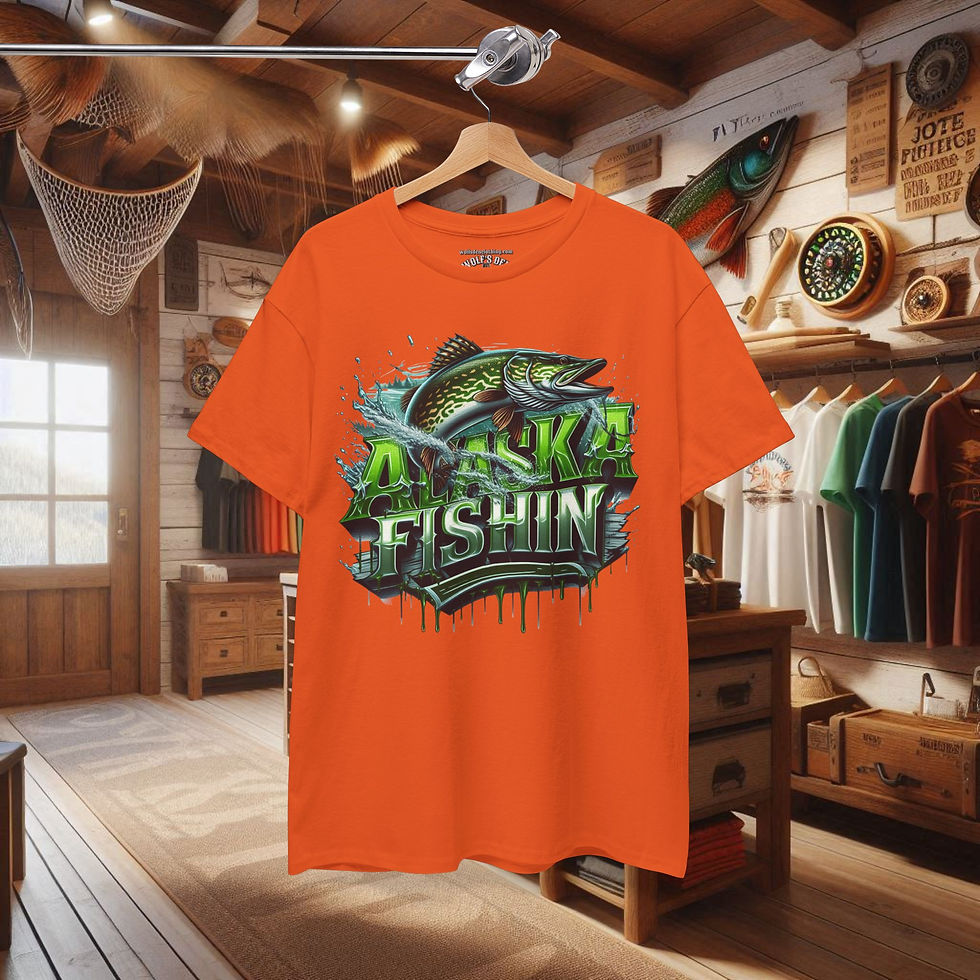 Thumbnail: Orange fishing graphic t-shirt with leaping fish, ALASKA FISHING text