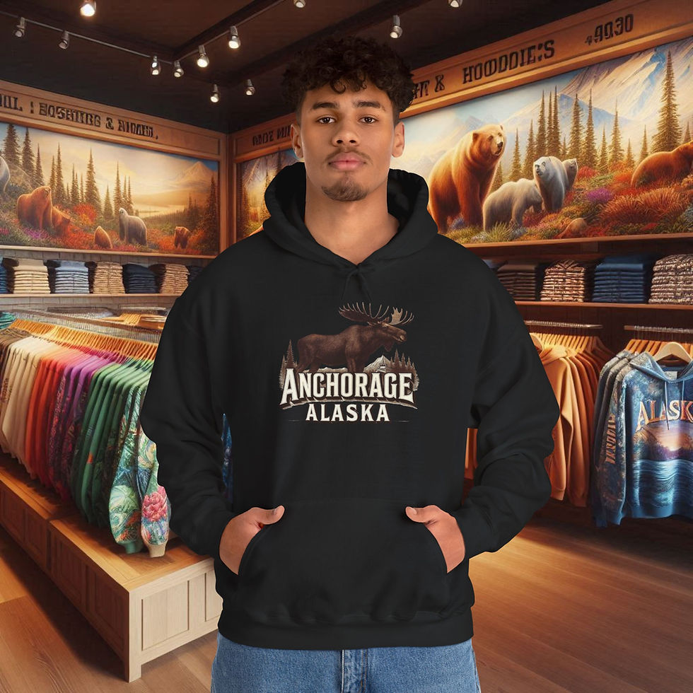 Thumbnail: Man wearing Anchorage Alaska Moose Hoodie for Men, pullover, hooded, sweatshirt, comfort in shop.