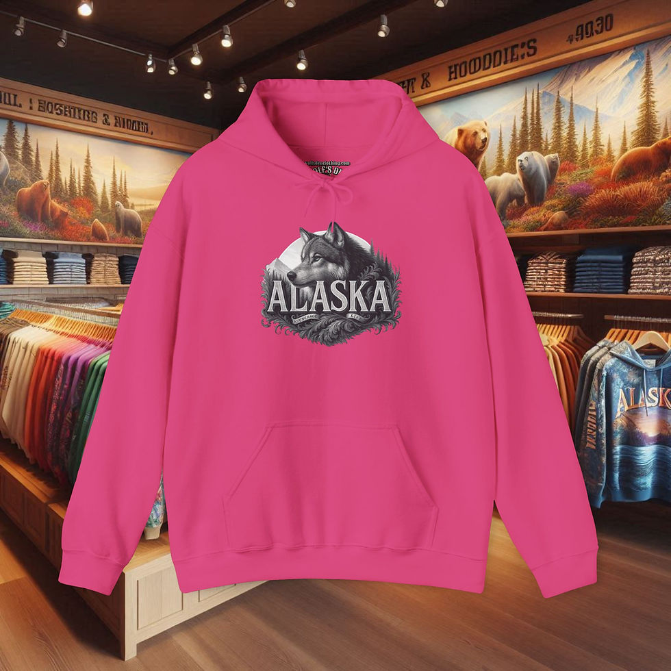 Thumbnail: Pink Alaska hoodie featuring a wolf design, Hoodies for Women, Wolf pullover sweatshirt. Wolf's Den Clothing and more. https://www.wolfsdenclothing.com