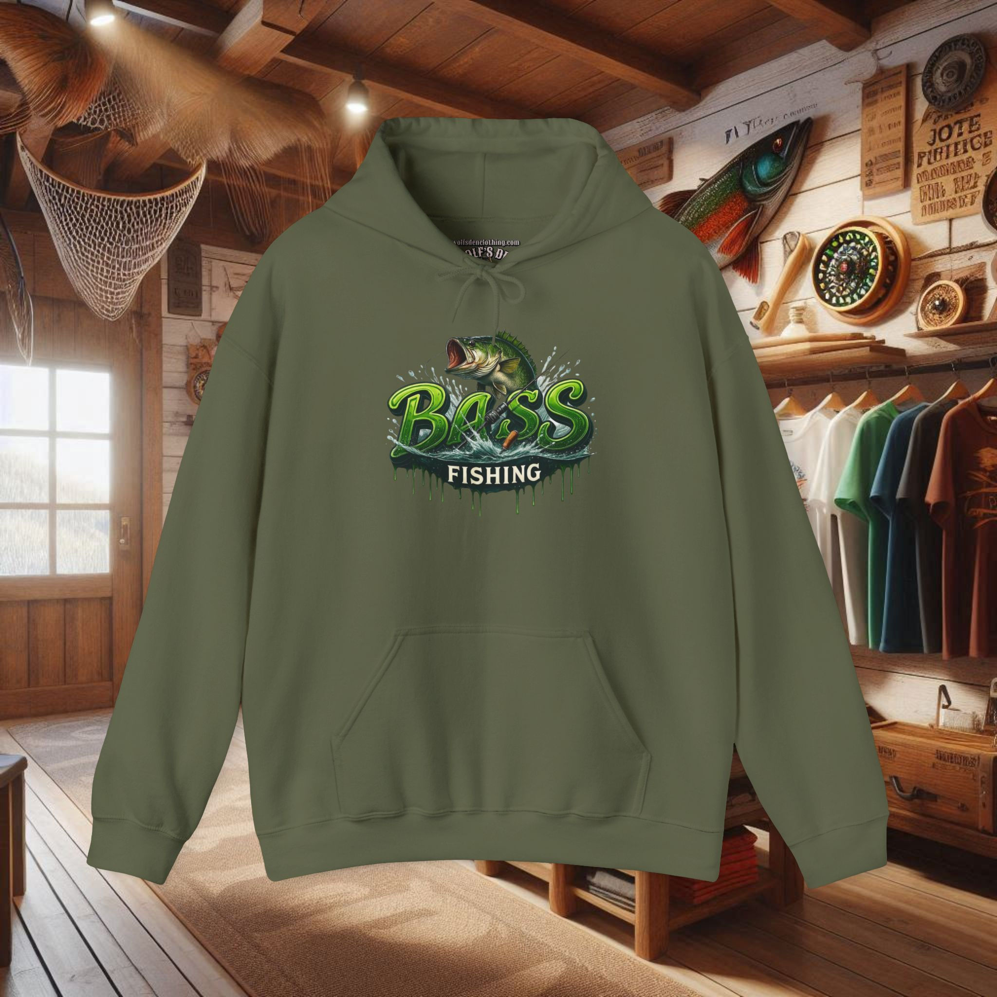 Green Bass Fishing hoodie with jumping bass graphic