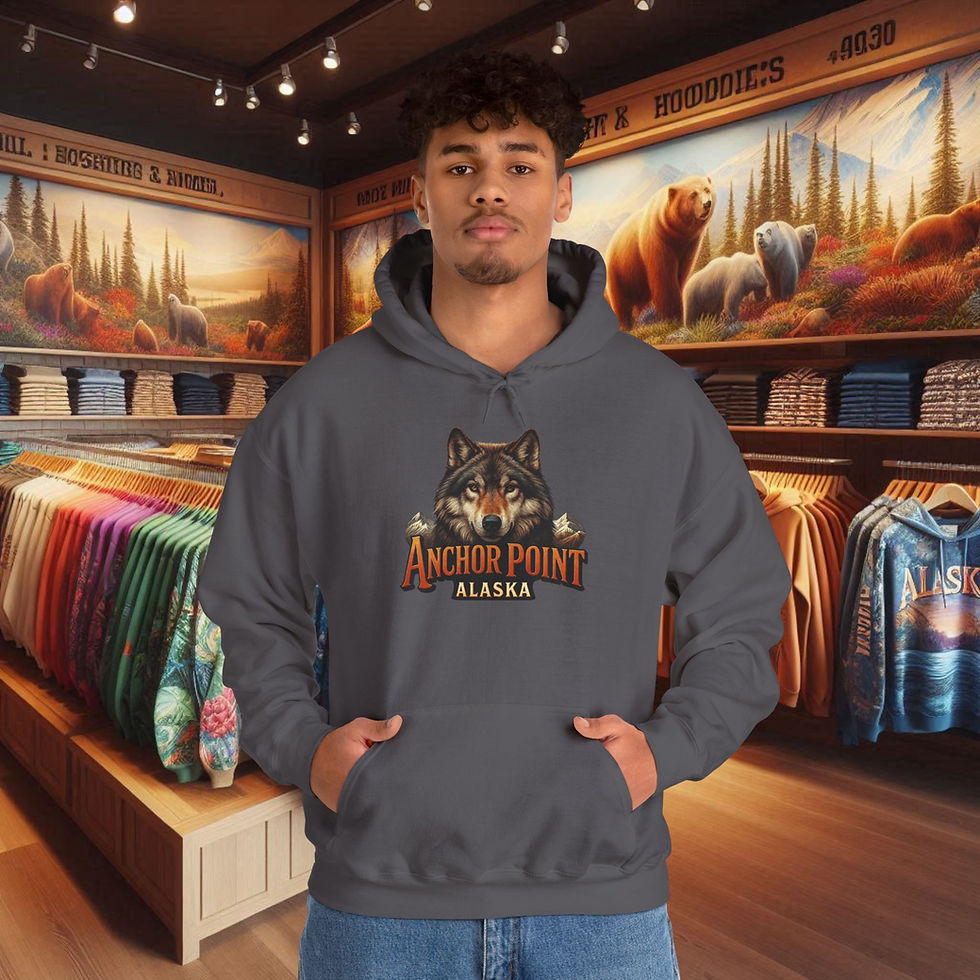 Thumbnail: Man in grey wolf hoodie, Anchor Point Alaska design