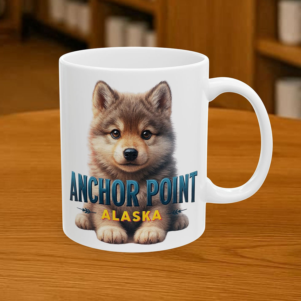 Anchor Point Alaska Wolf cub mugs, cute Novelty coffee cups on white mug. Wolf's Den Clothing and more. https://www.wolfsdenclothing.com