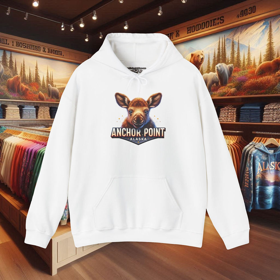 White hoodie with Anchor Point Alaska graphic, Moose pullover sweatshirt. Wolf's Den Clothing and more. https://www.wolfsdenclothing.com