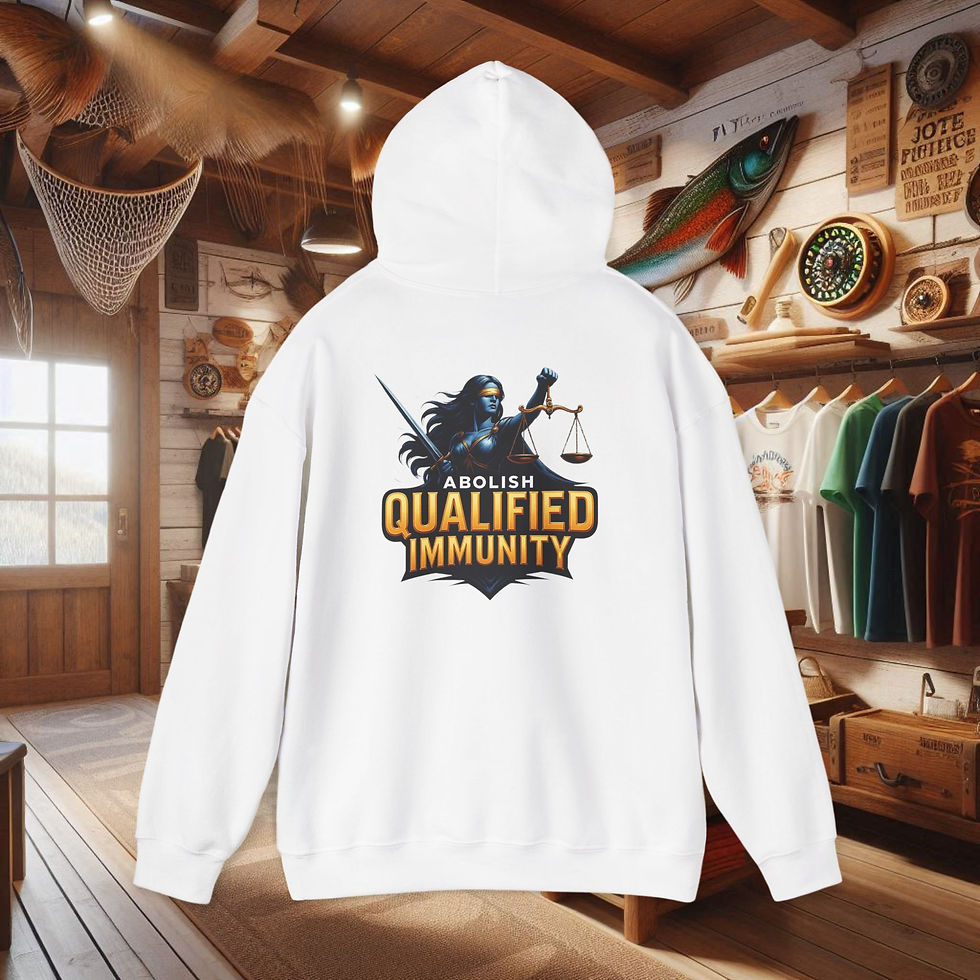 Thumbnail: White police accountability hoodie with 'Abolish Qualified Immunity' graphic