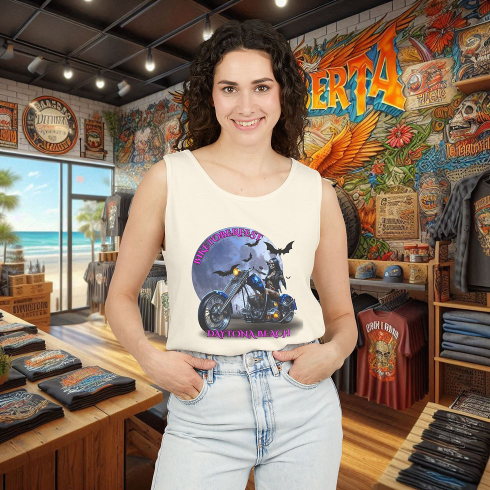 Woman wearing Daytona Beach's Biketoberfest Tank Top, Women's Graphic Shirt for Bikers, smiling in store.