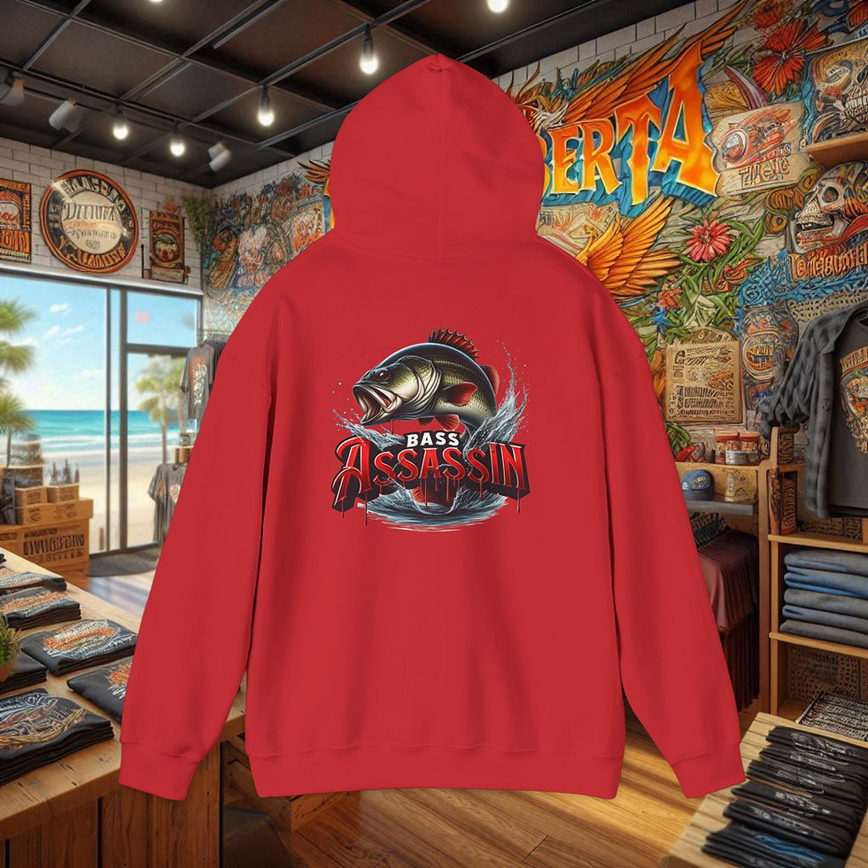 Thumbnail: Red Bass Assassin hoodie with fish logo